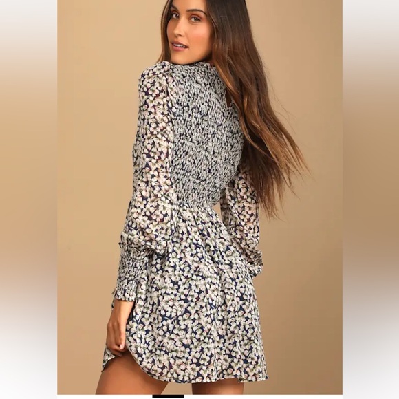 Lulus Floral Forever Navy Blue Floral Print Smocked Skater Dress - Size M - Picture 7 of 7